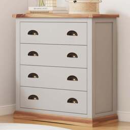 Bomporto 4 Drawer Light Grey Chest of Drawers with Brass Cup Handles - Wilko