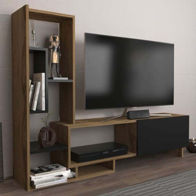 Decorotika Pega 6 Shelf Black and Oak TV Unit - Size: 120 x 160 x 29.5cm - Multi - Wilko - image 1