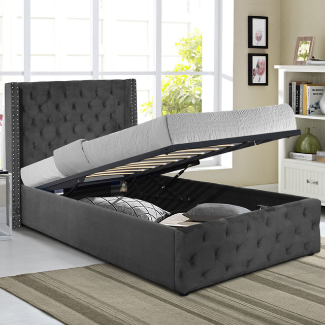 Comfy Living Single Dark Grey Winged Plush Velvet Fabric Gas Lift Ottoman Bed Frame - Wilko - image 1