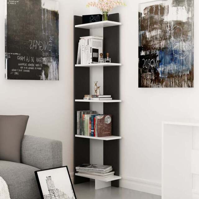 Decorotika Alis 5 Tier Black and White Corner Bookcase - Size: 170 x 45 x 21.6cm - Multi - Wilko - image 1
