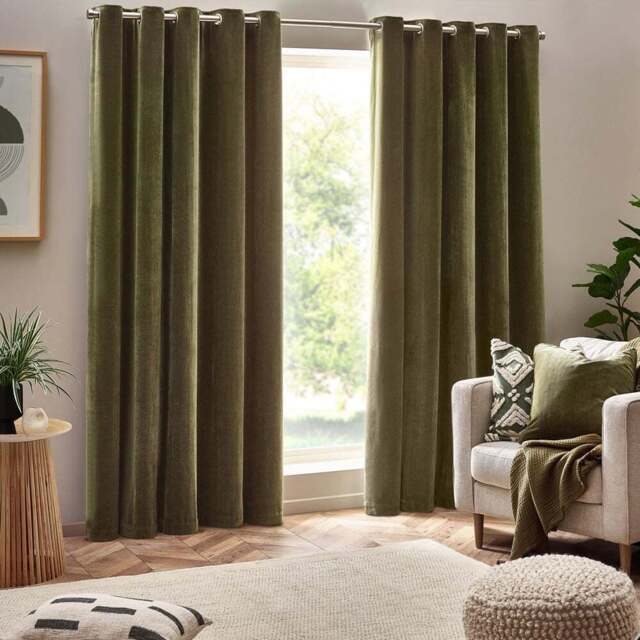 Yard Olive Heavy Chenille Velvet Eyelet Curtain 168 x 229cm - Size: W 229 x D 168cm - Green - Yard Living - Wilko - image 1