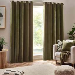 Yard Olive Heavy Chenille Velvet Eyelet Curtain  168 x 229cm - Size: W 229 x D 168cm - Green - Yard Living - Wilko - thumbnail 1