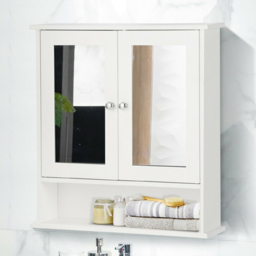 Costway White Adjustable Wooden Hanging Medicine Organizer with Mirror - Size: 64 x 34 x 14cm - Wilko
