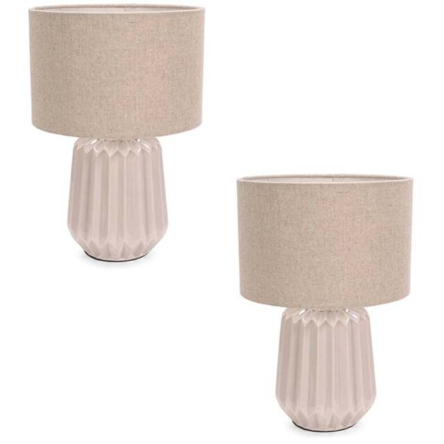 ValueLights Zak Fabric Lamp Shade Natural Stone Pleated Textured Ceramic LED Table Lamp 2 Pack - Size: 38 x 25 x 25cm - Cream - Wilko - image 1