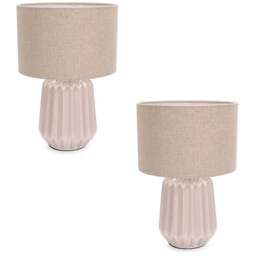 ValueLights Zak Fabric Lamp Shade Natural Stone Pleated Textured Ceramic LED Table Lamp 2 Pack - Size: 38 x 25 x 25cm - Cream - Wilko