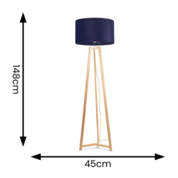 ValueLights Lottie Navy Blue Velvet Drum Shade Natural Wood Tripod LED Floor Lamp - Size: 148 x 45 x 45cm - Cream - Wilko - thumbnail 5