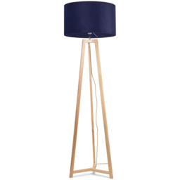 ValueLights Lottie Navy Blue Velvet Drum Shade Natural Wood Tripod LED Floor Lamp - Size: 148 x 45 x 45cm - Cream - Wilko