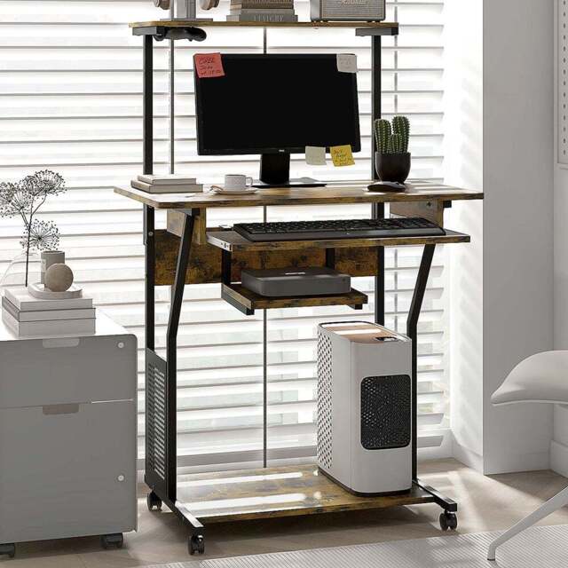 HOMCOM Rolling Computer Desk with Shelves and Keyboard Tray Rustic Brown - Size: 130.0 cm x 50.0 cm x 80.0 cmcm - Wilko - image 1