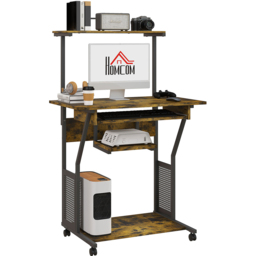 HOMCOM Rolling Computer Desk with Shelves and Keyboard Tray Rustic Brown - Size: 130.0 cm x 50.0 cm x 80.0 cmcm - Wilko - thumbnail 3