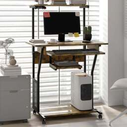 HOMCOM Rolling Computer Desk with Shelves and Keyboard Tray Rustic Brown - Size: 130.0 cm x 50.0 cm x 80.0 cmcm - Wilko