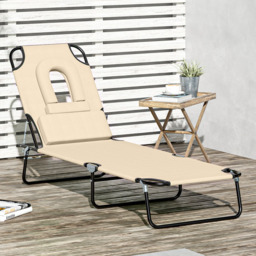 Outsunny Beige Reclining Foldable Sun Lounger with Reading Hole - Size: 1 Seater - Cream - Wilko