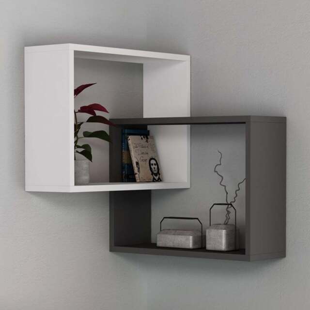 Decortie Ring Corner 3 Shelf White Anthracite Grey Wall Mounted Modern Bookcase - Size: 68 x 60 x 20cm - Multi - Wilko - image 1