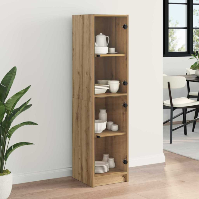 vidaXL 2 Glass Door 4 Shelf Artisan Oak Slim Highboard - Size: 142 x 35 x 37cm - Brown - Wilko - image 1