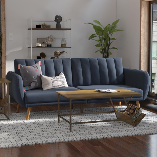 Novogratz Brittany 3 Seater Navy Blue Linen Sofa Bed with Wooden Legs - Wilko - image 1