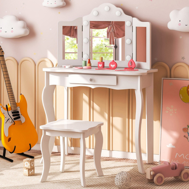 Costway Kids White Vanity Table and Stool Set with Tri Folding Mirror - Size: 80 x 43 x 26cm - Wilko - image 1