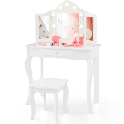 Costway Kids White Vanity Table and Stool Set with Tri Folding Mirror - Size: 80 x 43 x 26cm - Wilko - thumbnail 3