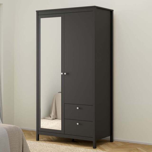 Florence Madrid 2 Door 2 Drawer Matt Black Wardrobe with Mirror Door - Size: 2 Door, 2 Drawer - Wilko - image 1