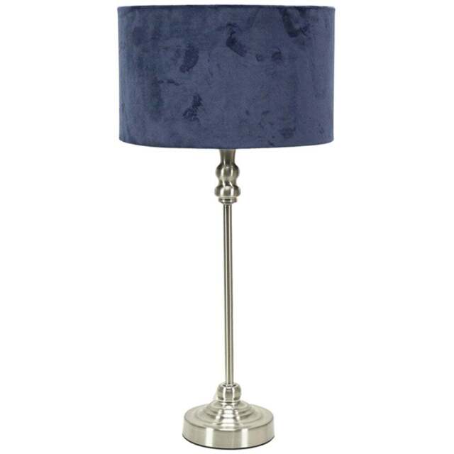 ValueLights Maggie Navy Blue Velvet and Brushed Chrome Drum Shade Candlestick LED Table Lamp - Size: 50 x 25 x 25cm - Silver - Wilko - image 1