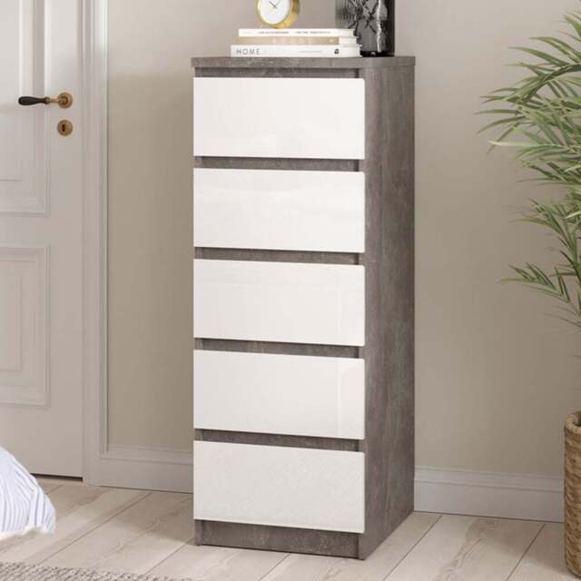 Florence 5 Drawer Concrete and White High Gloss Narrow Chest of Drawers - Furniture to Go - Wilko - image 1