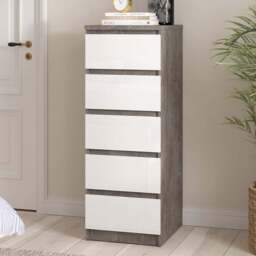 Florence 5 Drawer Concrete and White High Gloss Narrow Chest of Drawers - Furniture to Go - Wilko
