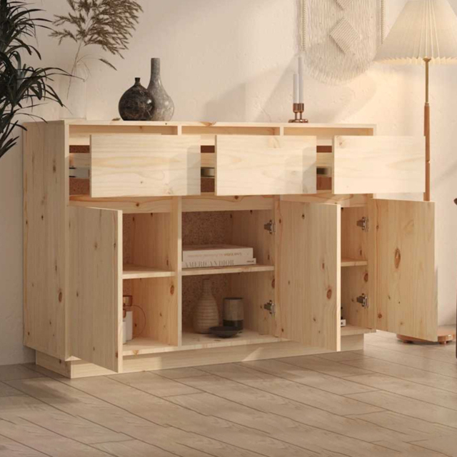 vidaXL 3 Door 3 Drawer Natural Solid Pine Wood Sideboard - Size: 75 x 110 x 34cm - Brown - Wilko - image 1