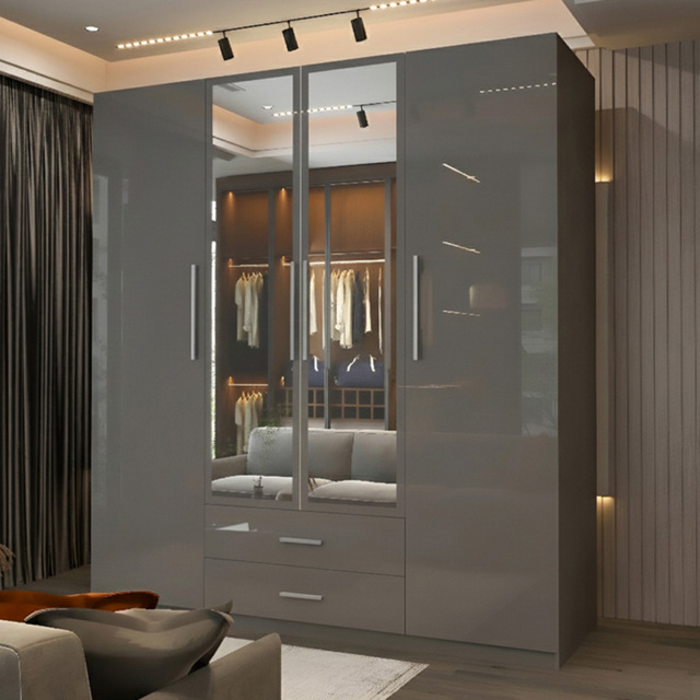 Sliding Wardrobes 4U 4 Door 2 Drawer Grey High Gloss Hinge Door Wardrobe 160cm - Size: 4 Door, 2 Drawer - Wilko - image 1