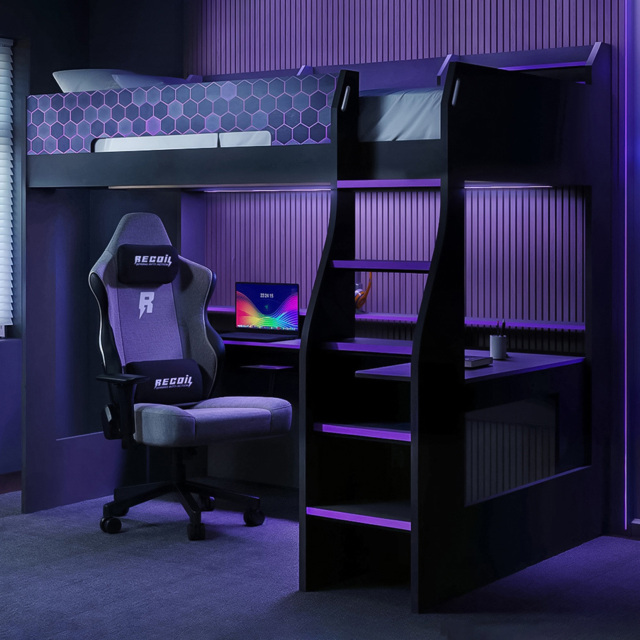 Recoil Ultimate Single Charcoal and Purple Gaming High Sleeper Bed with LED - Flair - Wilko - image 1