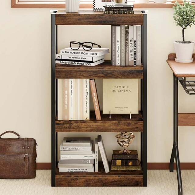 Costway 4 Tier Rustic Brown Wooden Bookcase with Dual Anti Tipping Kits - Size: 60 x 28 x 108cm - Wilko - image 1