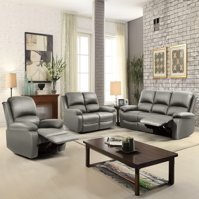 Brooklyn 6 Seater Light Grey Bonded Leather Manual Recliner Sofa Set - Wilko - image 1