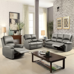 Brooklyn 6 Seater Light Grey Bonded Leather Manual Recliner Sofa Set - Wilko