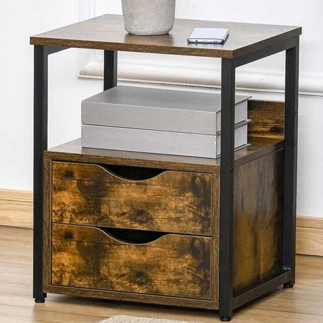 Portland 2 Drawer Single Shelf Brown Industrial Side Table - Size: 40 x 35 x 49cm - Wilko - image 1