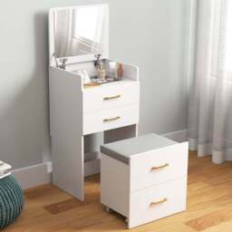 HOMCOM 4 Drawer 3 in 1 Mirror Dressing Table with Cushioned Stool - Size: 16.5 x 56 x 103cm - White - Wilko