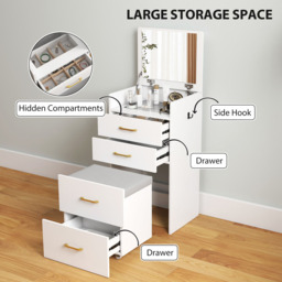 HOMCOM 4 Drawer 3 in 1 Mirror Dressing Table with Cushioned Stool - Size: 16.5 x 56 x 103cm - White - Wilko - thumbnail 7