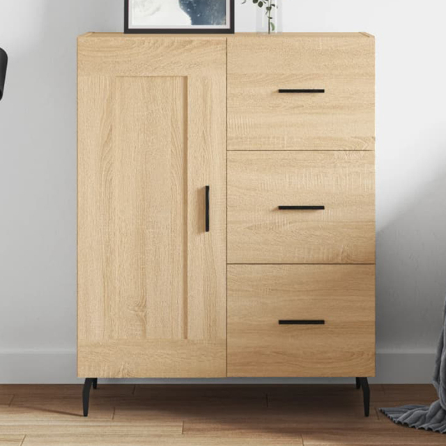 vidaXL Single Door 3 Drawer Sonoma Oak Sideboard with Metal Legs - Size: 90 x 69.5 x 34cm - Brown - Wilko - image 1