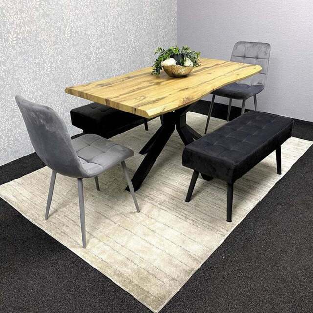 Portland 6 Seater Grey and Black Dining Table Set with Velvet Chairs and Wooden Benches - Multi - Wilko - image 1