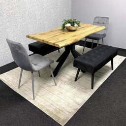 Portland 6 Seater Grey and Black Dining Table Set with Velvet Chairs and Wooden Benches - Multi - Wilko