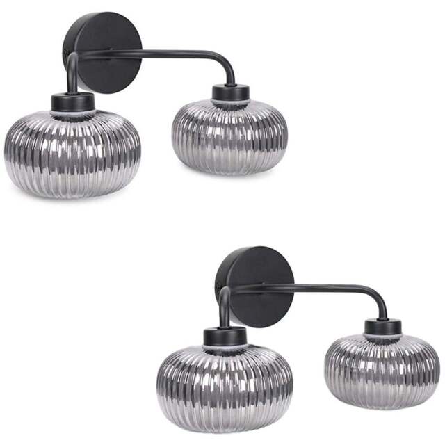 ValueLights Amaia Matt Black 2 Way Smoked Ribbed Glass LED Wall Light 2 Pack - Wilko - image 1