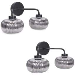 ValueLights Amaia Matt Black 2 Way Smoked Ribbed Glass LED Wall Light 2 Pack - Wilko