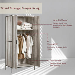 Vida Designs Brooklyn 2 Door Grey Industrial Wardrobe with Hanging Rail and Shelf - Wilko - thumbnail 7