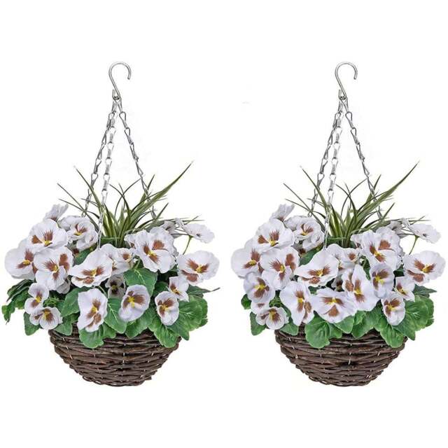 GreenBrokers Artificial White Pansies Round Rattan Hanging Plant Baskets 2 Pack - Size: 30 x 60 x 30cm - Multi - Wilko - image 1