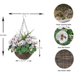 GreenBrokers Artificial White Pansies Round Rattan Hanging Plant Baskets 2 Pack - Size: 30 x 60 x 30cm - Multi - Wilko - thumbnail 5