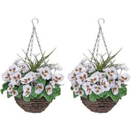 GreenBrokers Artificial White Pansies Round Rattan Hanging Plant Baskets 2 Pack - Size: 30 x 60 x 30cm - Multi - Wilko - thumbnail 1