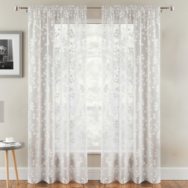 Tyrone Textiles Delila White Trail Leaf Print Sheer Voile Panel Curtain 140 x 137cm - Size: 137 x 140 x 1cm - Wilko - image 1