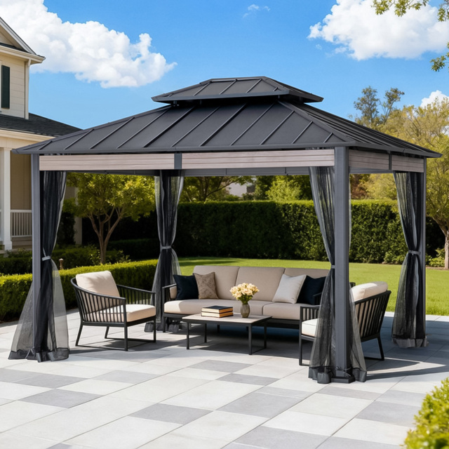 Sunjoy 3.6 x 3m Heavy-Duty Hardtop Gazebo with Mosquito Netting and Wood-Look Beams - Size: 3 x 4m - Black - Wilko - image 1