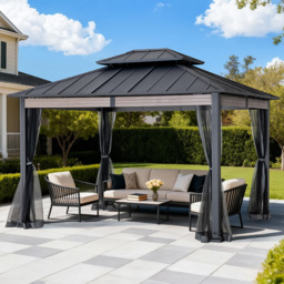 Sunjoy 3.6 x 3m Heavy-Duty Hardtop Gazebo with Mosquito Netting and Wood-Look Beams - Size: 3 x 4m - Black - Wilko