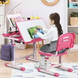 Costway Pink Height Adjustable Kids Desk and Chair Set with Lamp - Size: 74 x 58 x 26cm - Wilko