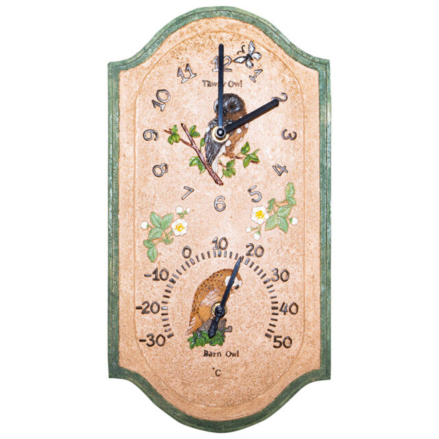 St Helens Owl Design Garden Clock and Thermometer 38 x 20cm - Size: 20 x 38cm - Wilko - image 1