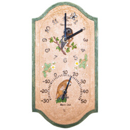 St Helens Owl Design Garden Clock and Thermometer 38 x 20cm - Size: 20 x 38cm - Wilko