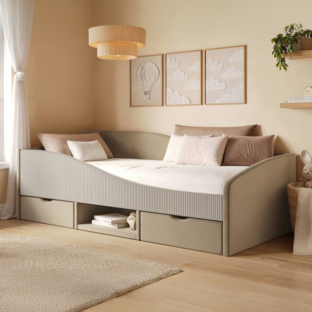 Flair Aubrey Beige Velvet and Cord Low Sleeper Bed with Storage - Size: 62 x 99 x 201cm - Wilko - image 1