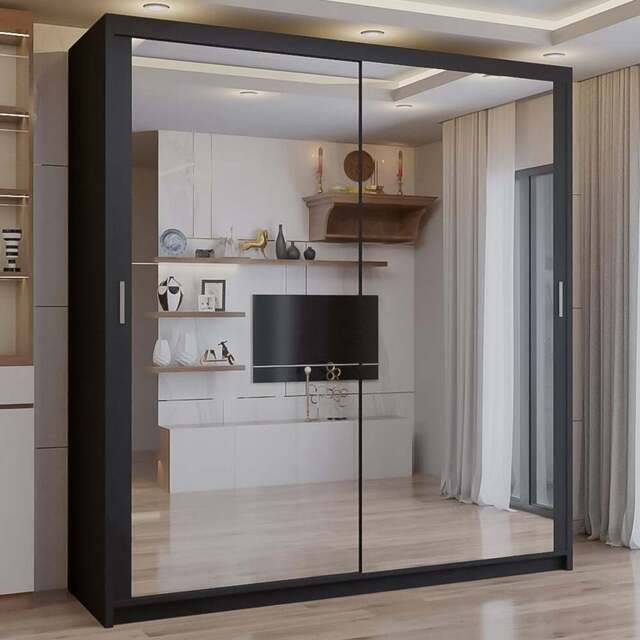 Sliding Wardrobes 4U 2 Sliding Door Black Full Length Mirrored Wardrobe 150cm - Size: 2 Door - Wilko - image 1